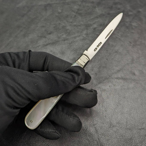 1927 年英國古董白珍珠貝殼手柄純銀刀片折疊筆刀